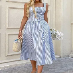 ELYRAA Women Striped Print Square Neck Fit and Flare Dress-image-1