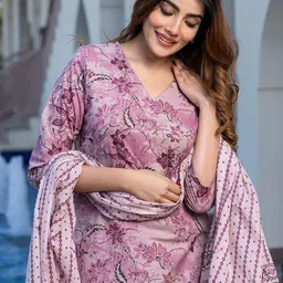 KALINI Floral Printed Regular Pure Cotton Straight Kurta With Trousers & Dupatta image 4