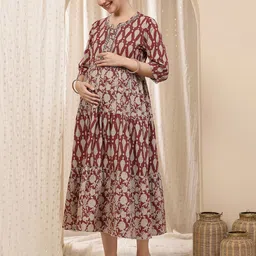 House Of Zelena Women Geometric Printed Pure Cotton Maternity Tiered Kurti-image-50