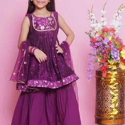 Little Bansi Girls Floral Embroidered Pure Silk Anarkali Kurta with Sharara & Dupatta-picture-27