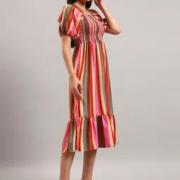 Krunal Raiyani Striped Puff Sleeve Crepe Fit & Flare Midi Dress image 2
