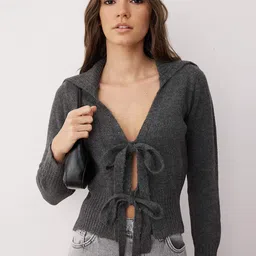 Trendyol Women Shirt Collar Front-Open Tie Up Detail Long Sleeves Sweaters-image-69