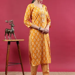 Polyglot Floral Printed Round Neck Thread Work Straight Kurta with Salwar image 4