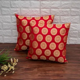 RoyalDeco Red & Gold-Toned 2 Pieces Ethnic Motifs Brocade Silk Square Cushion Covers-picture-27