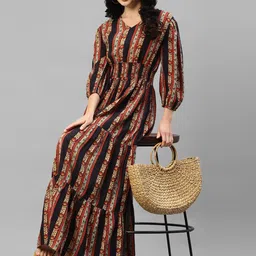 Krunal Raiyani Women Printed Smocked Crepe Fit & Flare Maxi Dress-image-0