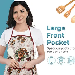 Kuber Industries Pack Of 3 Red & White Floral Printed Cotton Aprons With Front Pocket image 3