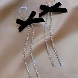 Estailo fashion Artificial Stones Studded Bow Shaped Tasselled Drop Earrings-image-87