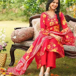 AHIKA Women Floral Printed Kurta with Trousers & Dupatta image 4