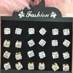 NAVJAI Gold-Toned & Clear Pair Of 12 Stone Square Stud Earrings-picture-10
