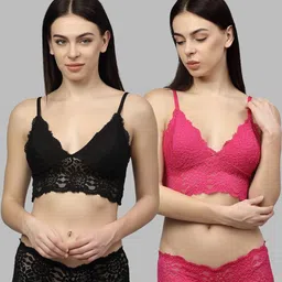 samvar Women Black,Pink Net Bra Panty Set for Lingerie Set Undergarments Pack of 2-picture-12
