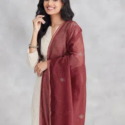 Fabindia Geometric Embroidered Cotton Silk Dupatta With Sequinned image 2