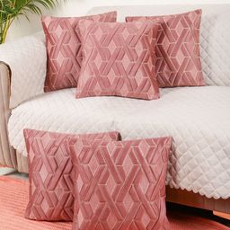 MONKDECOR Set Of 5 Pink Velvet Square Cushion Covers-picture-10