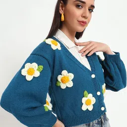 Sugercandy Women Embroidered Woollen Crop Front-Open Sweaters image 3