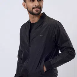 JADE BLUE Men Geometric Bomber with Patchwork Jacket image 5