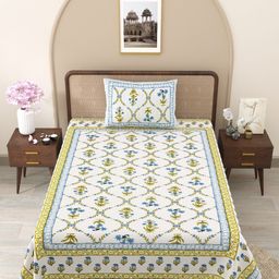 Myntra Elegant Homes White & Blue Floral Cotton 210 TC Single Bedsheet Set 1.52 m x 2.28 m-picture-33