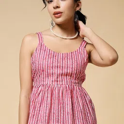 Womenster Women Printed Shoulder Straps Pleated Detail Cotton Peplum Top-image-37