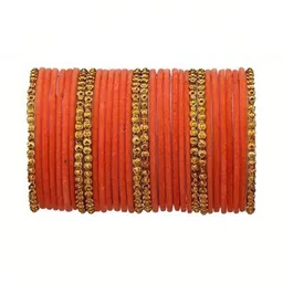 Shasmi Set Of 10 Orange Glass Artificial Stones & Beads Bangle-picture-36