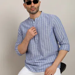 HERE&NOW Striped Mandarin Collar Long Sleeves Pure Cotton Straight Short Kurta-picture-27