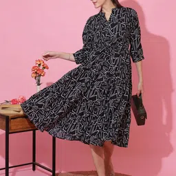 SHEETAL Associates Printed Monochrome Cuffed Sleeve Fit & Flare Midi Dress-image-35