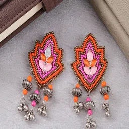 Sangria Silver-Plated Beaded Contemporary Shaped Drop Earrings-image-43