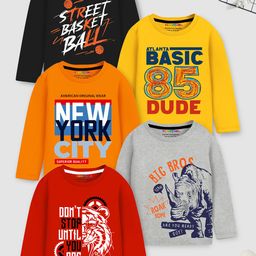 YK X Trampoline Boys Pack of 5 Typography Printed Round Neck Cotton Relaxed Fit T-shirts-picture-14
