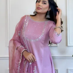 Brand Hill Embroidered Round Neck Sequinned A-Line Kurta With Trousers & Dupatta image 4