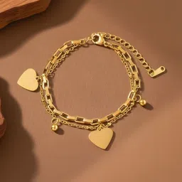 MYKI Stainless Steel Gold-Plated Artificial Beaded Heart Link Dual Chain Charm Bracelet-image-30