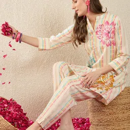 Indo Era Printed Mandarin Collar Three-Quarter Sleeves Top With Trousers-picture-12