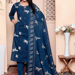 NAVYAAZRI Women Ethnic Motifs Printed Regular Pure Cotton Kurta with Trousers & With Dupatta-picture-22