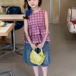 LULU & SKY Girls Gingham Checked Round Neck Peplum Top-picture-43