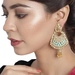 Anouk Green Gold-Plated Artificial Stones Studded Contemporary Shaped Drop Earrings image 3