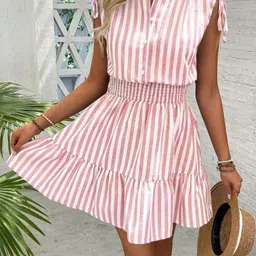 VANGULL Women Striped Shirt Collar Fit & Flare Mini Dress-image-61