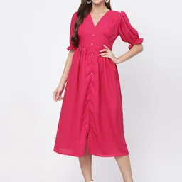 DELIS Women Puff Sleeve V-Neck Corset Midi Dress-picture-31