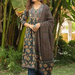 AARAAS Women Floral Printed Mirror Work Pure Cotton Kurta With Palazzos And Dupatta image 2