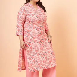 Tissu Plus Size Floral Printed Mandarin Collar Lace Straight Kurta with Palazzos image 3