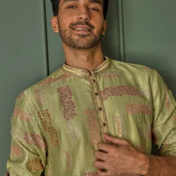 ASUKA Men Floral Embroidered Regular Chanderi Silk Kurta with Pyjamas image 2