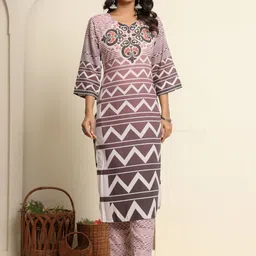 FLAMBOYANT Cotton Beige Printed Floral Motif Embellished V- Neck Kurta Pant & Dupatta image 2