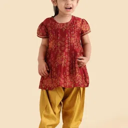 Fabindia Girls Floral Block Printed Sequinned Pleated A-Line Cotton Silk Kurta & Patiala-image-70
