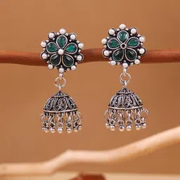 Fida Silver-Plated Pearls Beaded Floral Shaped Oxidised Jhumkas-picture-21