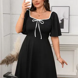 KPOP Women Square Neck Monochrome Fit & Flare Dress With Bow-image-40