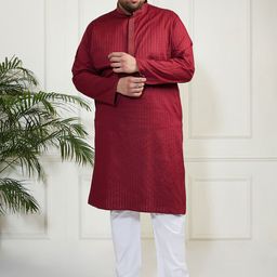 VASTRAMAY Plus Size Striped Mandarin Collar Pure Cotton Straight Kurta With Pyjamas-picture-25