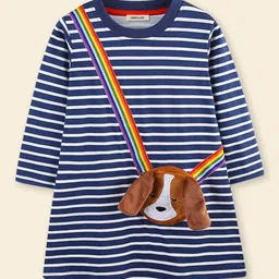 INCLUD Girls Striped Round Neck A-Line Dress With Dog Face Applique Patch Pocket image 5