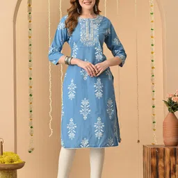 KJFAB Floral Printed Round Neck Straight Thread Work Cotton Kurta-picture-16