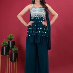 PARROT CREATION Women Embroidered Regular Sequinned Kurti with Sharara & With Dupatta-picture-7