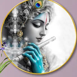Livin'luxe White & Grey Lord Krishna Wall Hallway Round Painting Wall Art 16" x 16"-picture-15