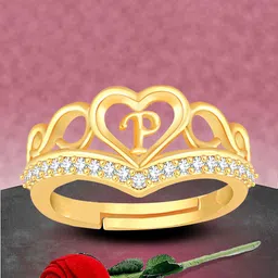 Heer Collection Gold Plated AD Stone Studded Heart Alphabet P Adjustable Finger Ring-picture-42