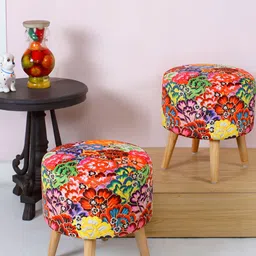Shadowkart 2 Pieces Red & Pink Printed Wooden Pouffes Ottomans-picture-14
