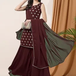 PARROT CREATION Geometric Embroidered Sequinned Georgette Kurti with Sharara And Dupatta-picture-22