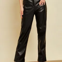 tandul Women Regular Fit Black Faux Leather Trousers-picture-24