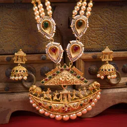 PANASH Gold-Plated Pink & White Stone-Studded & Beaded Handcrafted Jewellery Set image 2